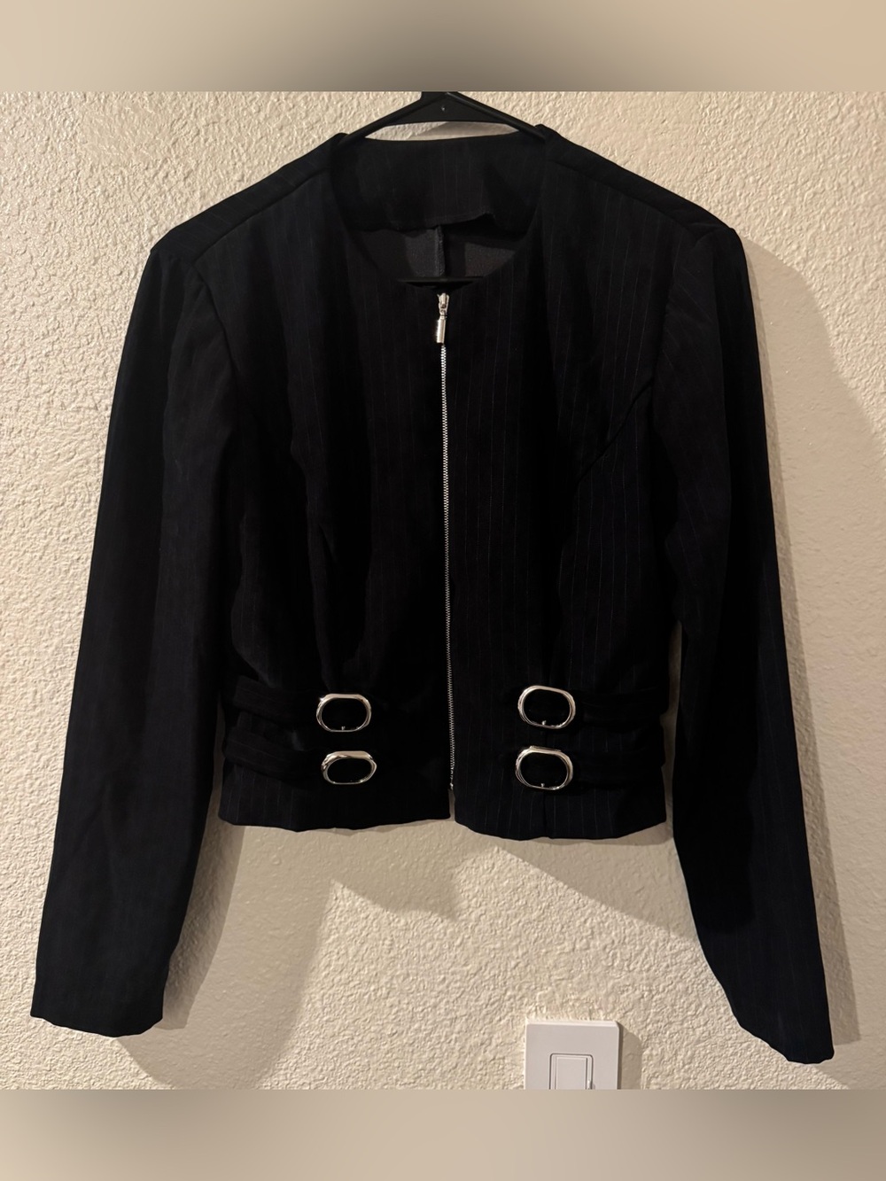 Cropped Black Zip-Front Women's Blazer with Silver Buckle Detail